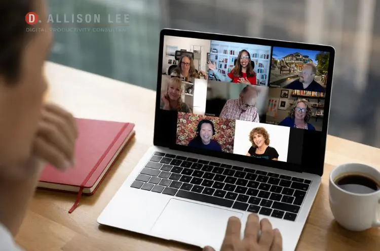 Deb Lee hosting a virtual Action Day co-working session with entrepreneurs during a Thrive-Hive meetup